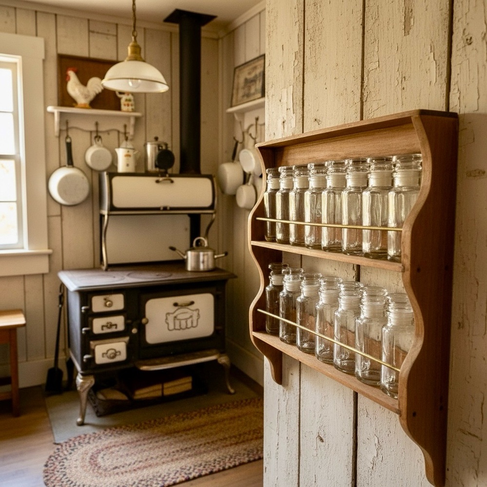 Rare Antique Wooden Spice Rack with 16 Glass Apothecary Jars Farmhouse - Picture 13 of 15